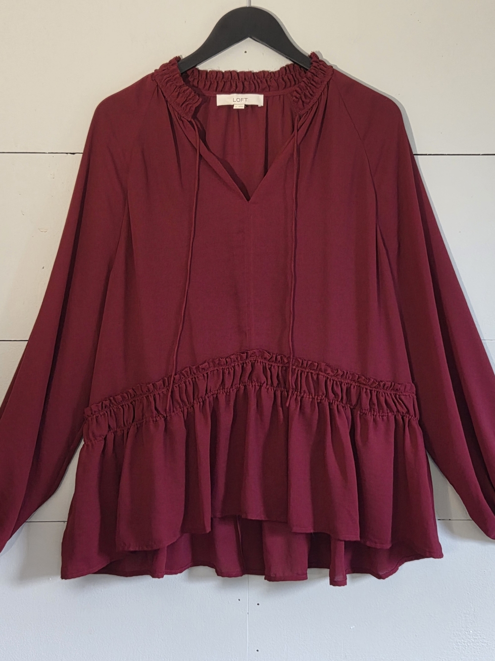 LOFT Peasant Blouse Burgundy Cranberry Red Smocked Ruffle Peplum Top V-Neck XL